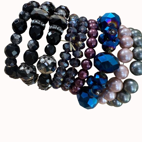 Set Of 9 Beaded Stretch Bracelets In Black Purple & Blue With Rhinestone Accents - Picture 5 of 7